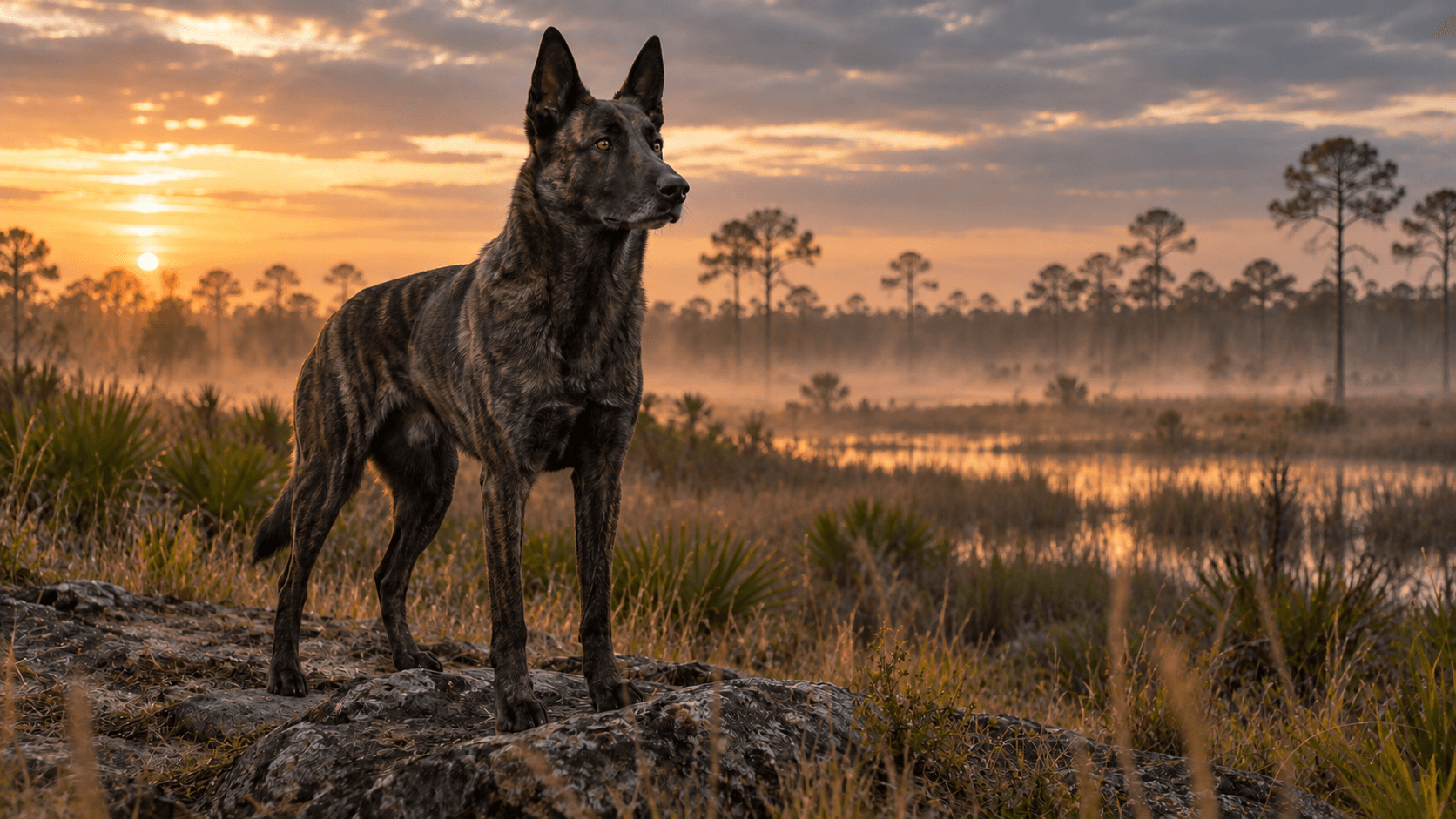 Brindle Dutch Shepherd moving through a Florida field